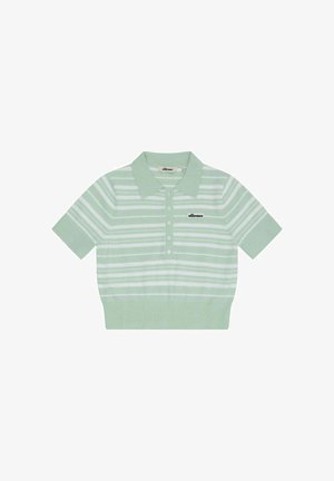 Hellgrün-weißer, horizontal gestreifter kurzärmliger Poloshirt mit Knopfleiste und "ellesse"-Logo auf der Brust.