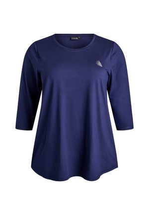 Navy blue long-sleeve shirt with a round neckline, made from soft fabric, featuring a small logo on the chest and a relaxed fit.