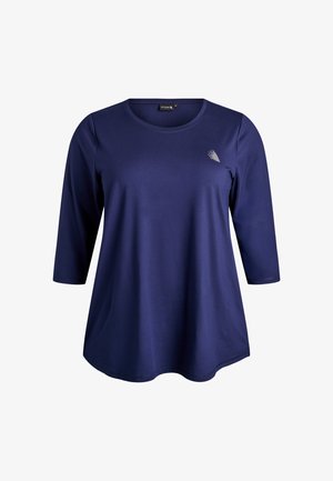 Navy blue long-sleeve shirt with a round neckline, made from soft fabric, featuring a small logo on the chest and a relaxed fit.