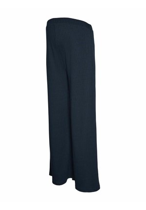 Pantalon à jambes larges en tissu côtelé foncé, avec une ceinture élastique et une texture douce, coupe droite sans détails supplémentaires.