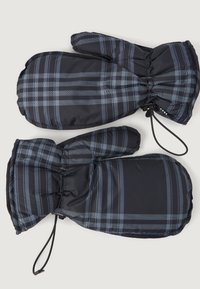 Μαύρα πλεκτά γάντια με ελαστικό μανσέτα, διαθέτοντας υφή πλισέ και ρυθμιζόμενο κορδόνι για ασφαλή εφαρμογή.