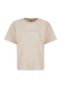Beige Baumwoll-T-Shirt mit lockerer Passform, kurzen Ärmeln und Rundhalsausschnitt. Auf der Vorderseite befindet sich der weiße Text "Aim’n' Sportswear".