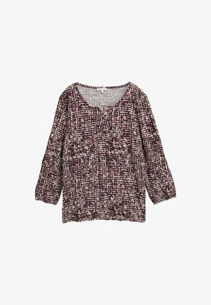 Lange mouwen, losvallend shirt met een ronde halslijn, voorzien van een multicolore patroon van roze, wit en bordeauxrode stippen en vierkanten.