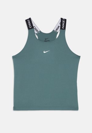 Zelen vrh Nike Pro brez rokavov za šport, z črnimi in belimi trakovi z blagovno znamko ter belim logotipom Nike Swoosh na prsih.