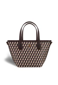 Structured tote bag made of woven textile in geometric brown and cream pattern. Features brown leather handles and a logo accent.