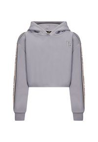 Felpa grigia corta con cappuccio regolabile, caratterizzata da strisce laterali a contrasto e un piccolo logo ricamato sul petto. Materiale morbido e liscio.