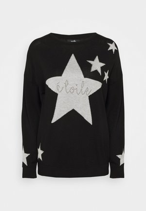 Suéter negro de manga larga con una gran estrella gris y estrellas más pequeñas, con la palabra "étoile" dentro de la estrella central.