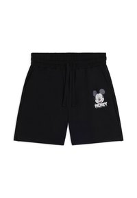 Shorts neri con vita elastica e cordoncino, tasche laterali e un volto di Topolino bianco con testo sulla parte bassa della gamba destra.