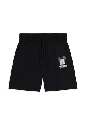 Shorts noirs à taille élastique avec cordon de serrage, poches latérales, et un visage blanc de Mickey Mouse ainsi que du texte sur le bas de la jambe droite.