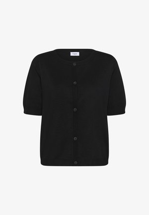 Must ning must kardigan lühikeste varrukatega, valminud pehmest materjalist, ümmarguse kaelusega ja kuue esiknupuga. Lihtne disain ribidega aktsentidega.