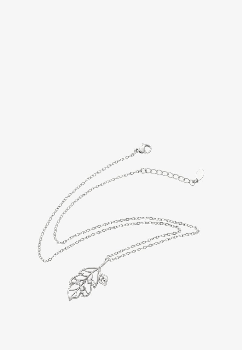 Sølv kæderekæde med en delikat åbenbladsvedhæng prydet med tre små klare ædelsten, forsynet med en justerbar lås.