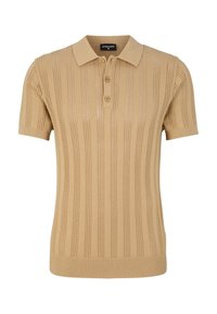 Beige polo shirt met korte mouwen, vervaardigd uit een gemêleerd breiwerk met verticale strepen, met een klassieke kraag en een drie-knopen sluiting.