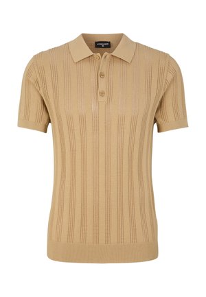 Beige short-sleeved polo shirt, crafted from a textured knit with vertical stripes, featuring a classic collar and three-button placket.