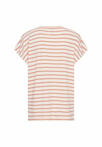 Stribet t-shirt med korte ærmer, der har vandrette striber i blød fersken og hvid. Tekstureret stof med en afslappet pasform og åben halsudskæring.