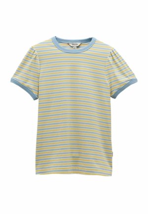 Kurzärmeliges T-Shirt mit horizontalen pastellblauen, gelben und weißen Streifen, blauem Rippkragen und Ärmelbündchen, keine sichtbaren Logos.
