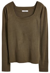 Pull olive vert avec un décolleté carré, des manches longues et des poignets côtelés. Présente un tissu en tricot texturé et un ourlet inférieur droit.