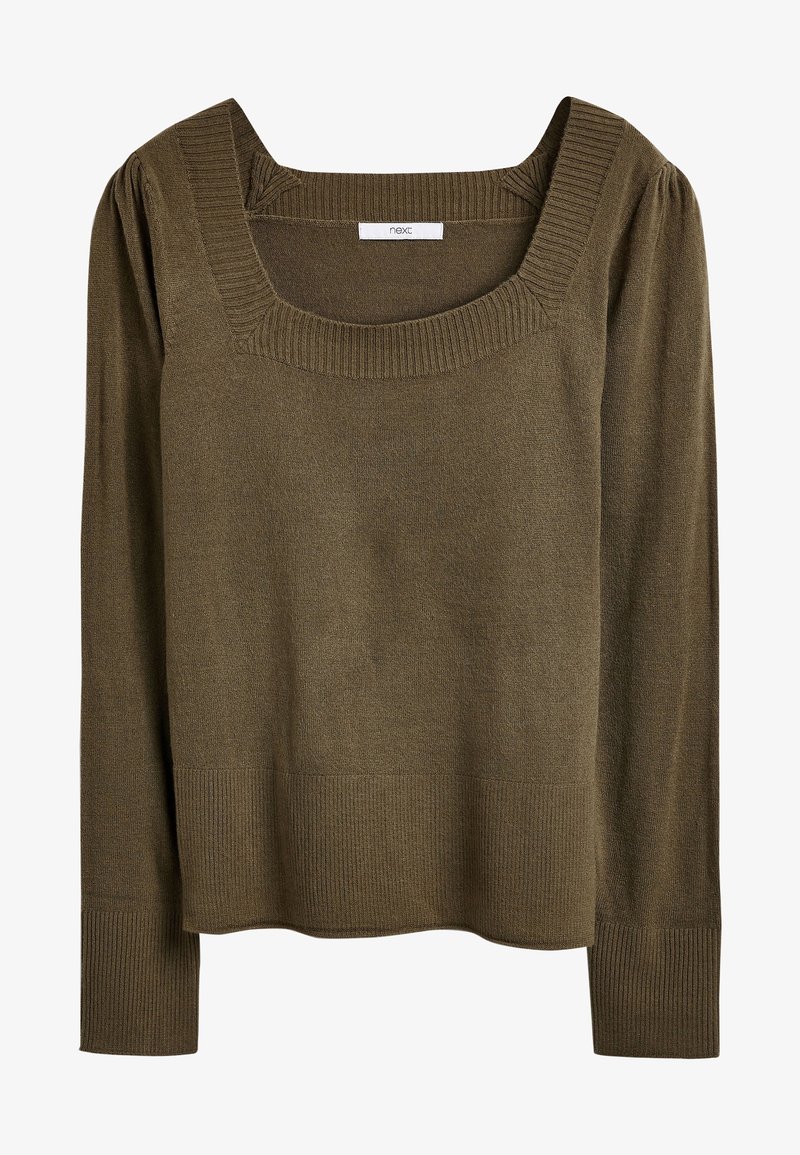Pull olive vert avec un décolleté carré, des manches longues et des poignets côtelés. Présente un tissu en tricot texturé et un ourlet inférieur droit.