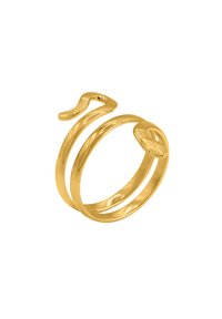 Anello in tonalità oro con design a serpente e doppie bande. Caratterizzato da dettagli testurizzati sulla testa e sulla coda del serpente su ciascun lato. Finitura liscia su tutta la superficie.