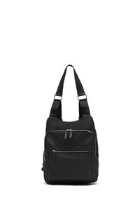 Borsa a tracolla nera in tessuto con tracolla regolabile, due tasche con zip anteriori, superficie liscia e forma rettangolare.