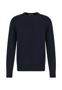 Tengerészkék pulóver texturált, bordázott kötött mintával, kerek nyakkivágással és hosszú ujjakkal, bordázott mandzsettákkal. Finom logó részlet az alján.