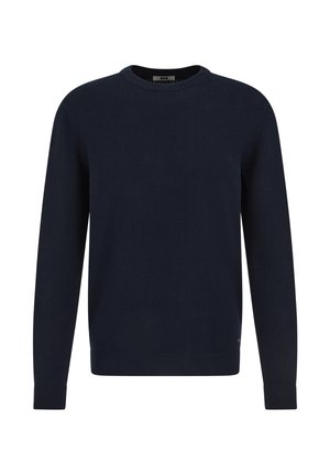 Suéter azul marino con diseño de punto acanalado texturizado, cuello redondo y manga larga con puños acanalados. Detalle sutil de logotipo en el dobladillo.