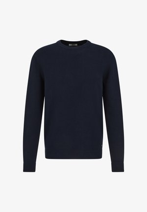 Tumesinise värvusega džemper, millel on tekstuuriga soonikkoes muster, ümmargune kaelus ja pikad varrukad soonikkoes äärtega. Heme servas peen logo detail.