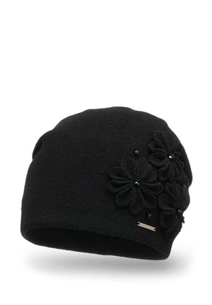 Chapeau en tricot noir orné de trois fleurs texturées avec des perles, d'une finition lisse et d'un petit accent métallique sur le côté.
