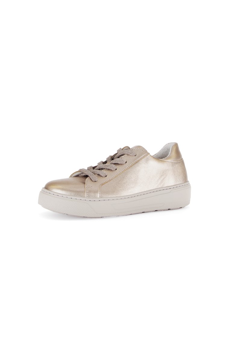 Metallische beige sneakers met gestructureerde veters, een ronde neus en een gevoerde zool. Beschikt over een glad bovenwerk en subtiele naaddetails.