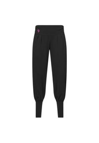 Schwarze Jogginghose mit einem eng anliegenden Bund, Falten an der Vorderseite, schmal zulaufenden Beinen und elastischen Bündchen. Das Material wirkt glatt und dehnbar.
