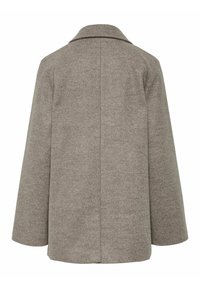 Cappotto in misto lana marrone con rever a punta, maniche lunghe e taglio dritto. Presenta una superficie testurizzata e un design minimalista.
