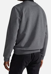 Sudadera gris hecha de una mezcla de algodón, con mangas largas, puños y dobladillo acanalados, y un diseño clásico de cuello redondo.