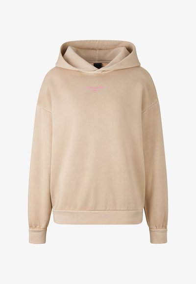 Beige Übergröße Hoodie mit einer weichen Textur, ausgestattet mit einem rosa gestickten Logo auf der Brust sowie elastischen Bündchen und Saum.