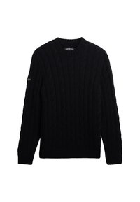 Marineblauwe gebreide trui met een kabelpatroon, ronde halslijn, geribbelde manchetten en zoom. Inclusief een klein logo-accent op de mouw.