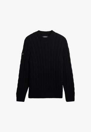 Pull en maille bleu marine avec un motif en relief, un col rond, des poignets et un ourlet côtelés. Comprend un petit logo sur la manche.