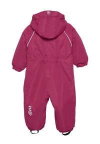 Rosa isolerad vinteroverall med huva, elastisk midja och ärmslut. Har vita detaljer och logotyp; designad för värme och aktiv användning.