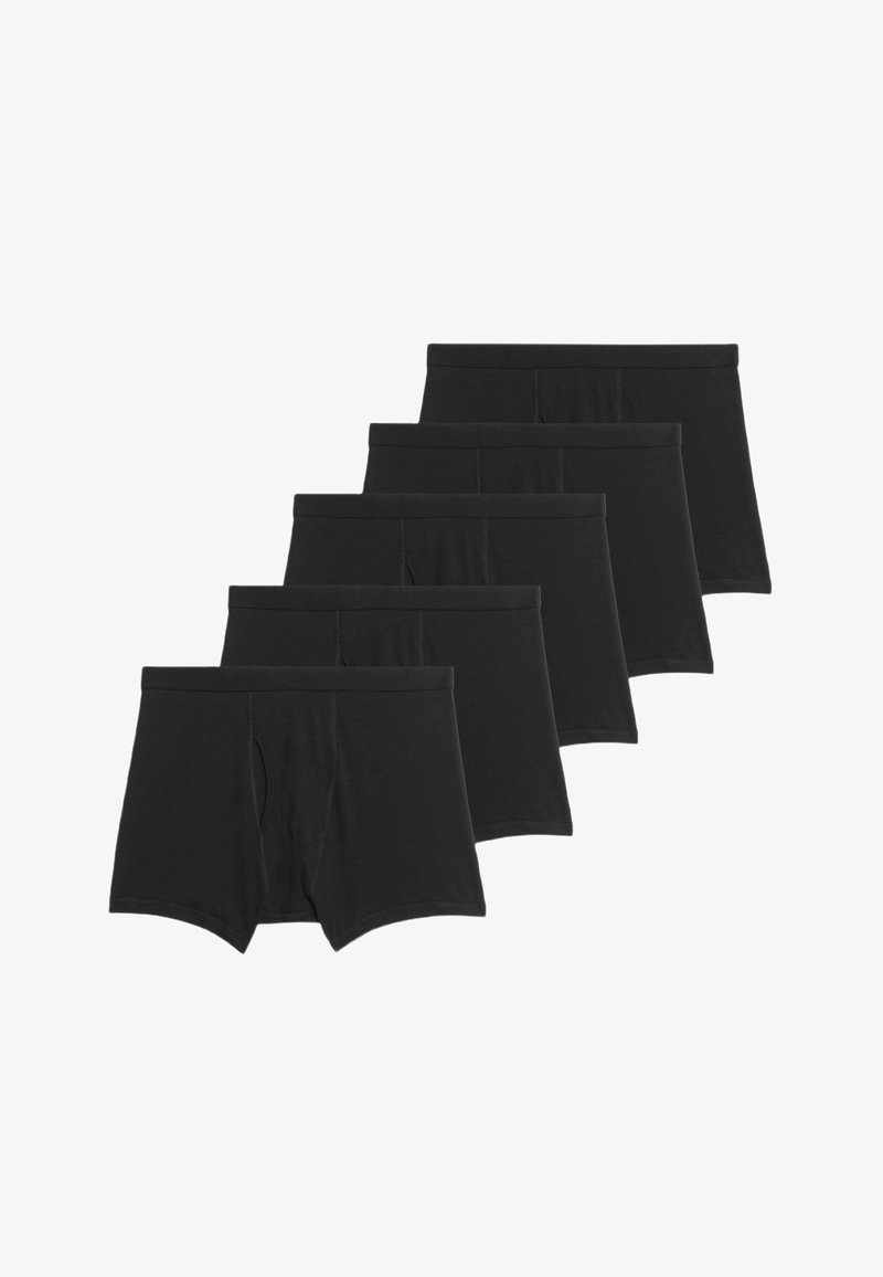 Zwarte boxershorts in een verpakking van vijf, met een zachte, gladde stof, elastische tailleband en een kortere stijl met een opening aan de voorkant.