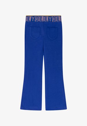 Blauwe uitlopende broek met een gladde textuur, voorzien van een gebrandmerkte tailleband in een contrasterende kleur en twee achterzakken.