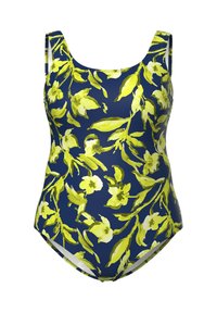 Květinové jednodílné plavky s modrým pozadím a jasně žlutozelenými květinovými vzory. Hladký, elastický materiál se širokými ramínky.