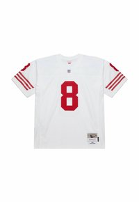 White NFL jersey with red number 8 on front and sleeves, featuring red stripes on short sleeves and a patch labeled "1984 Steve Young" near the hem.