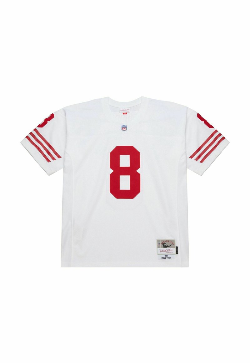 White NFL jersey with red number 8 on front and sleeves, featuring red stripes on short sleeves and a patch labeled "1984 Steve Young" near the hem.