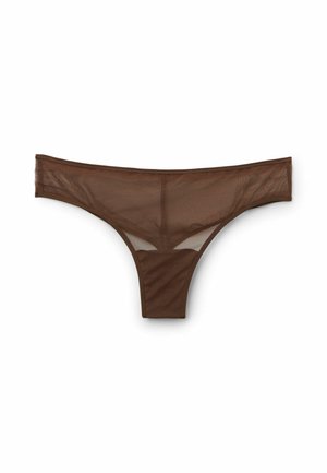 Hnědé průsvitné dámské tanga s úzkými stranami a středním zakrytím vpředu i vzadu.