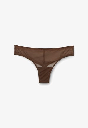 Hnědé průsvitné dámské tanga s úzkými stranami a středním zakrytím vpředu i vzadu.