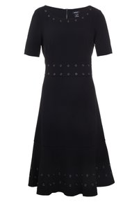 Vestito nero a maniche corte con vita aderente, gonna svasata e dettagli in occhiali circolari lungo l'orlo e la vita. Zip sul retro.