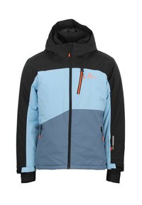 Veste isolée bleu clair et bleu foncé avec capuche, dotée de zips et d'un logo orange. Deux poches latérales zippées et poignets ajustables.