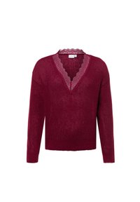 Burgunderroter Pullover mit V-Ausschnitt und strukturiertem Strick. Besondere Merkmale sind der gewellte Spitzenbesatz am Ausschnitt, lange Ärmel und eine lockere Passform.