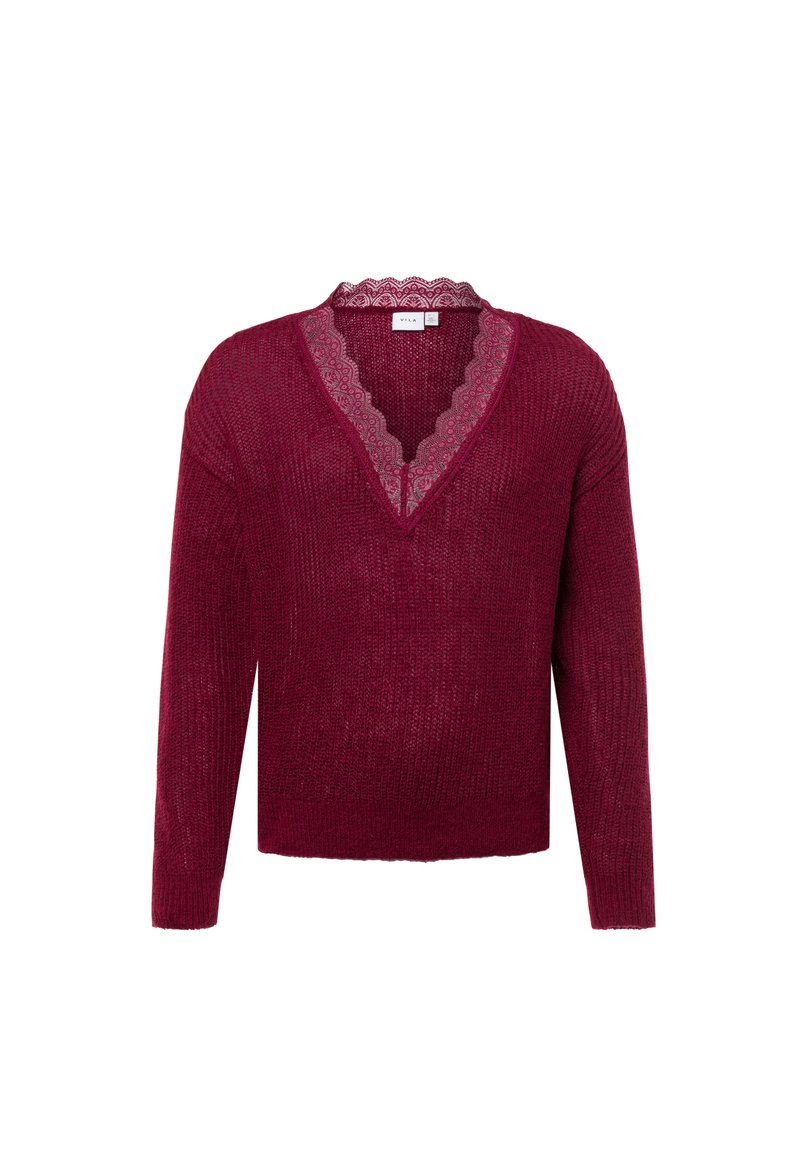 Burgunderroter Pullover mit V-Ausschnitt und strukturiertem Strick. Besondere Merkmale sind der gewellte Spitzenbesatz am Ausschnitt, lange Ärmel und eine lockere Passform.