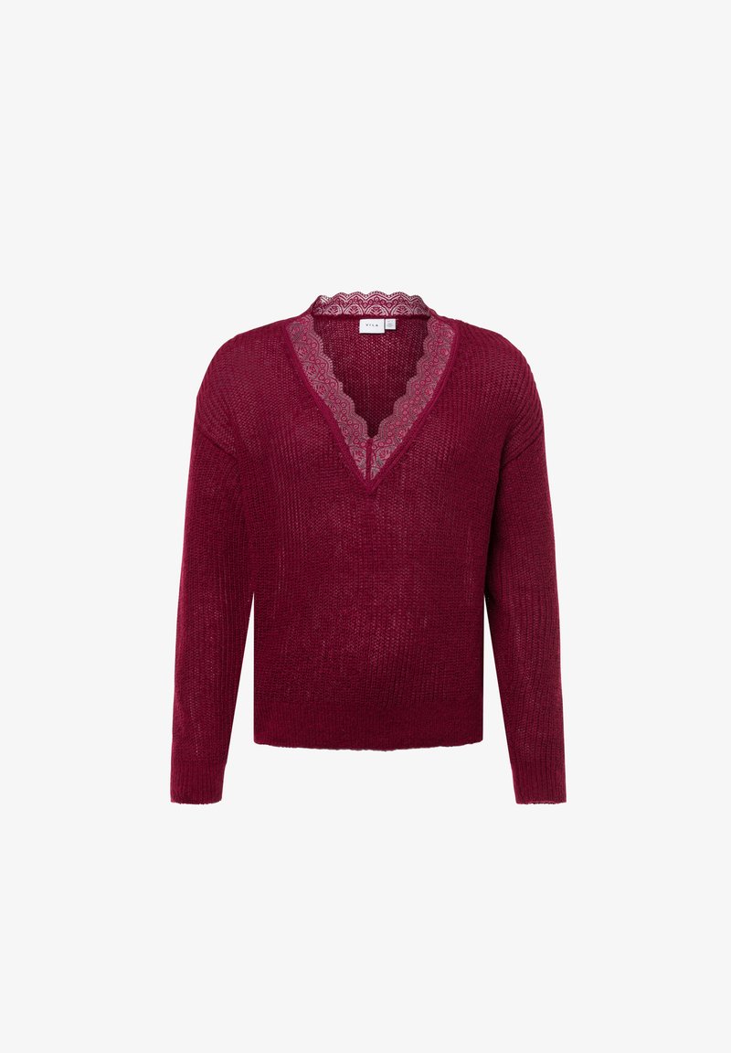 Burgunderroter Pullover mit V-Ausschnitt und strukturiertem Strick. Besondere Merkmale sind der gewellte Spitzenbesatz am Ausschnitt, lange Ärmel und eine lockere Passform.