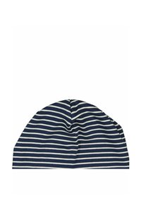 Laivastonsininen hattu, jossa on valkoisia raitoja, pehmeää tekstiiliä, pyramidaalinen muoto ja elastinen yläosa. Sisältää saumatonta muotoilua mukautuvan istuvuuden takaamiseksi.