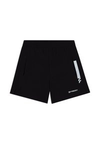 Pantaloni sportivi neri con una texture liscia, dotati di tasche laterali e un accento riflettente su un lato. Logo del marchio visibile sull'orlo.