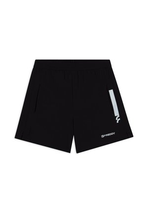 Pantaloni sportivi neri con una texture liscia, dotati di tasche laterali e un accento riflettente su un lato. Logo del marchio visibile sull'orlo.